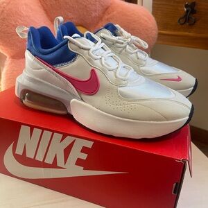 Nike White and Blue Sneakers with Pink Swoosh